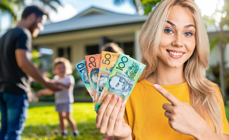 A smiling woman in a yellow shirt holds and points at Australian dollar bills. In the blurred background, a man and child stand outside a house in a sunny yard with lush tropical trees—perfect for Cairns solar savings in Far North Queensland.