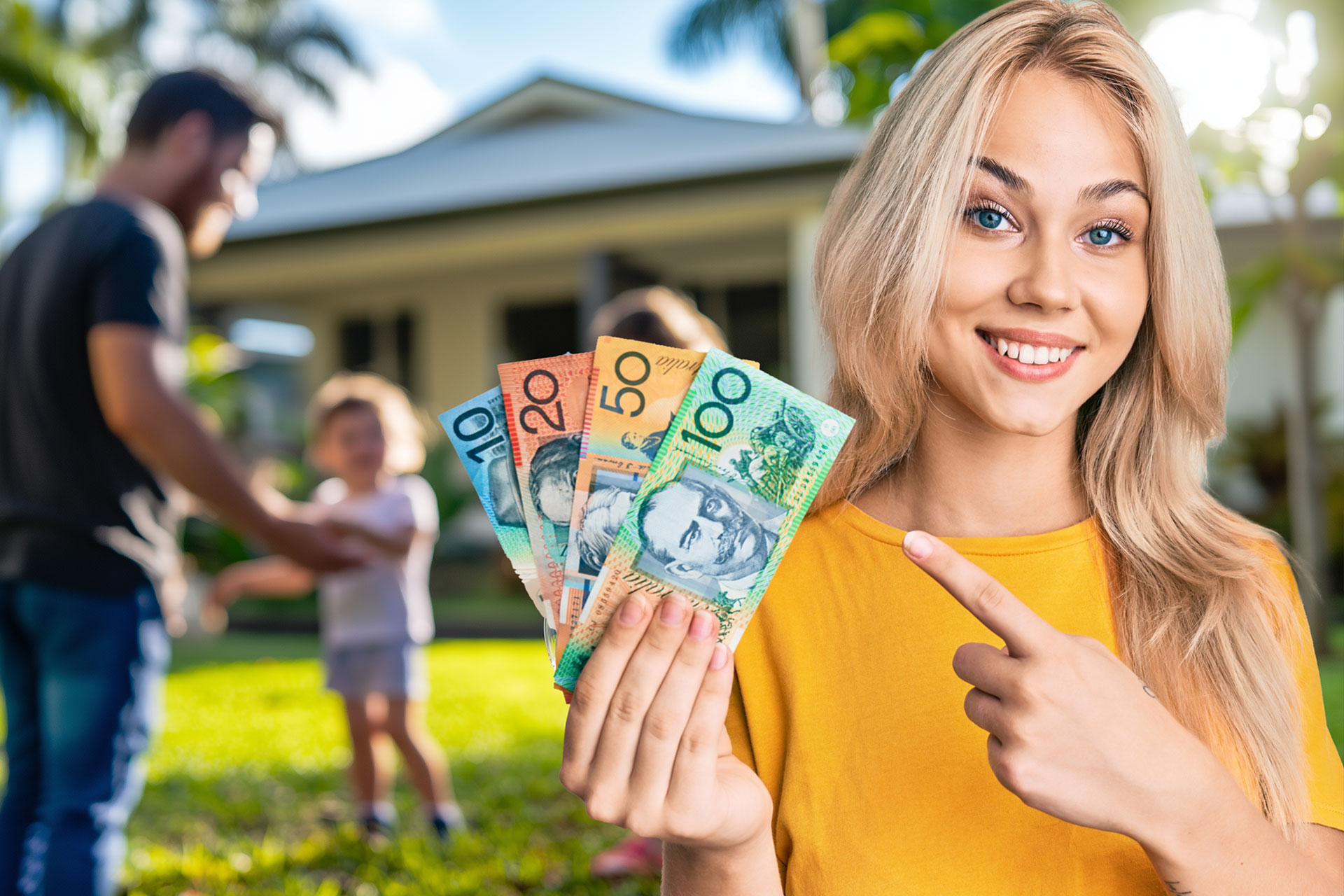 A smiling woman in a yellow shirt holds and points at Australian dollar bills. In the blurred background, a man and child stand outside a house in a sunny yard with lush tropical trees—perfect for Cairns solar savings in Far North Queensland.