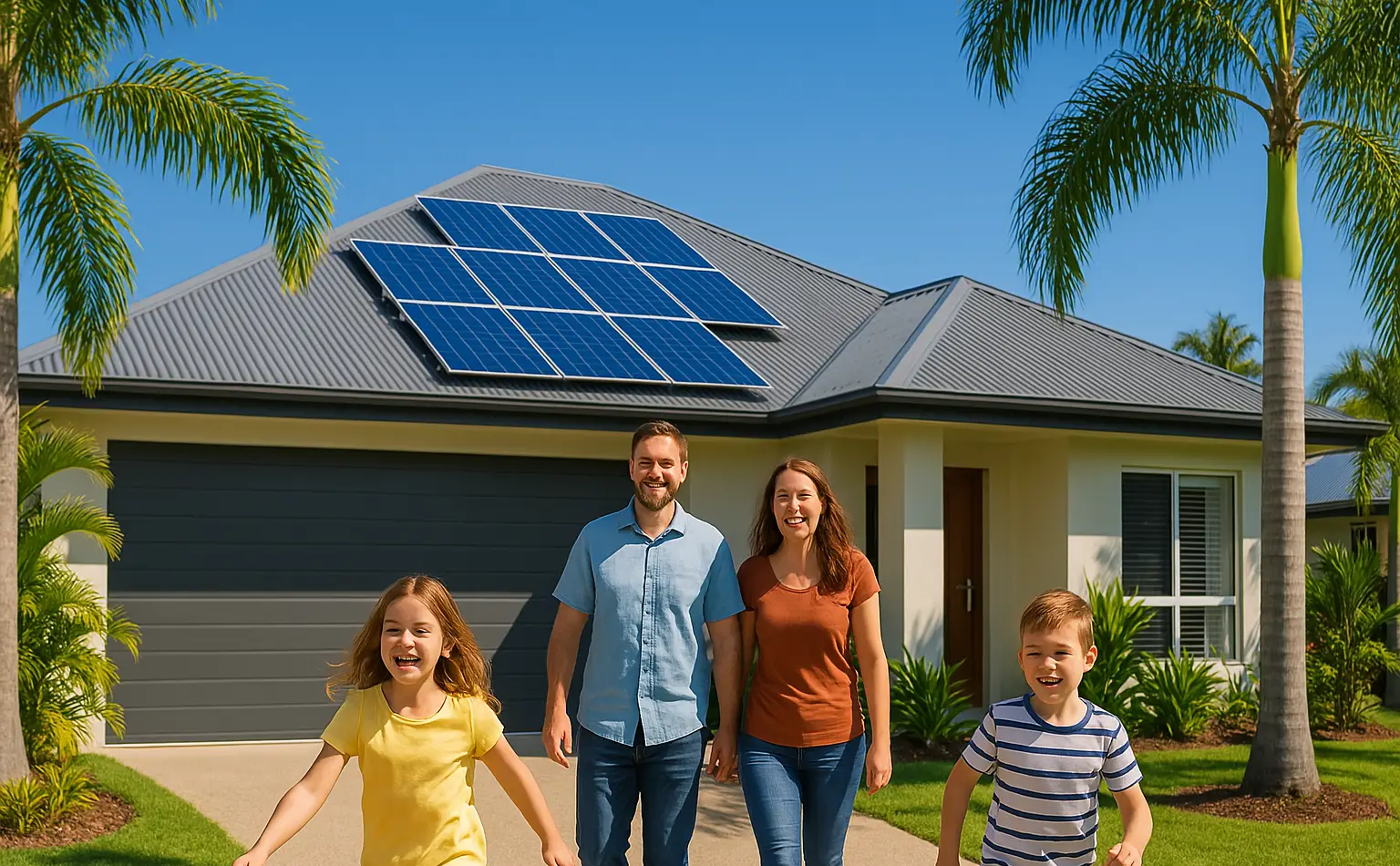 In 2025, a family of four strolls joyfully along their driveway in front of a modern house with solar panels on the roof. Palm trees sway gently under Cairns' clear blue skies, as cheerful homeowners embrace sustainable living.
