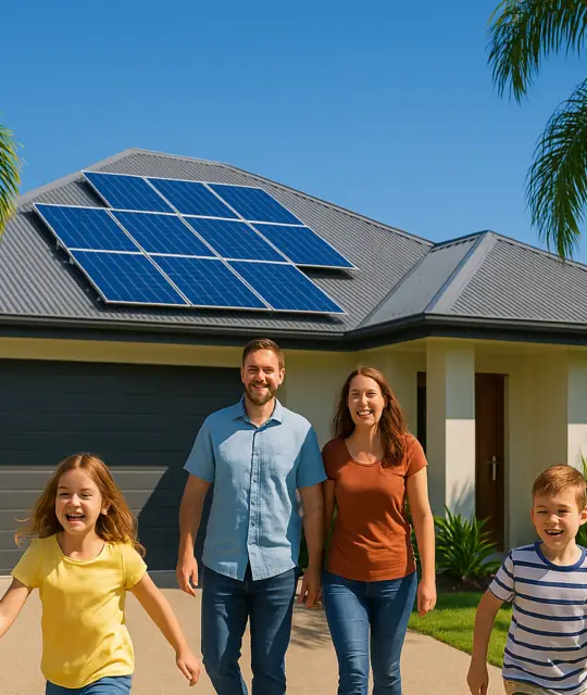 In 2025, a family of four strolls joyfully along their driveway in front of a modern house with solar panels on the roof. Palm trees sway gently under Cairns' clear blue skies, as cheerful homeowners embrace sustainable living.