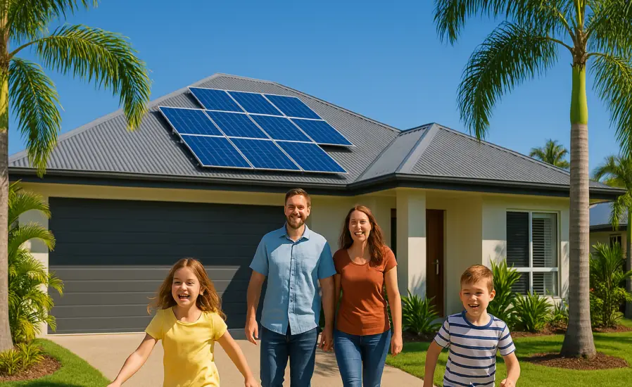 In 2025, a family of four strolls joyfully along their driveway in front of a modern house with solar panels on the roof. Palm trees sway gently under Cairns' clear blue skies, as cheerful homeowners embrace sustainable living.