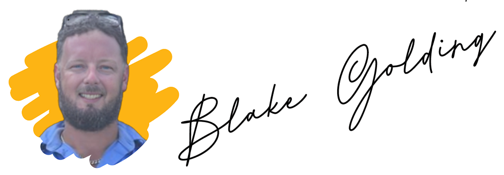 A man with a beard and sunglasses resting on his head is smiling, set against a yellow brushstroke backdrop. Handwritten text beside him reads "Blake Golding," showcasing his expertise with SolaProtect Rooftop Assist in Cairns and suburbs across Far North Queensland.