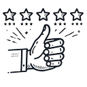 A hand gives a thumbs up with five stars above it, symbolizing a five-star review for Cairns or Far North Queensland. Black and white sketch.