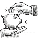 A hand places a coin into a piggy bank held by another hand in Cairns, symbolizing saving money in Far North Queensland.