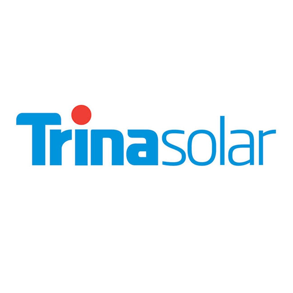 The Trina Solar logo, seen in Far North Queensland, shows "Trina" in blue with a red dot on the "i," and "solar" in light blue.