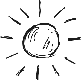 A simple black and white hand-drawn illustration of the sun, like one shining over Cairns, with a circle center and short rays.
